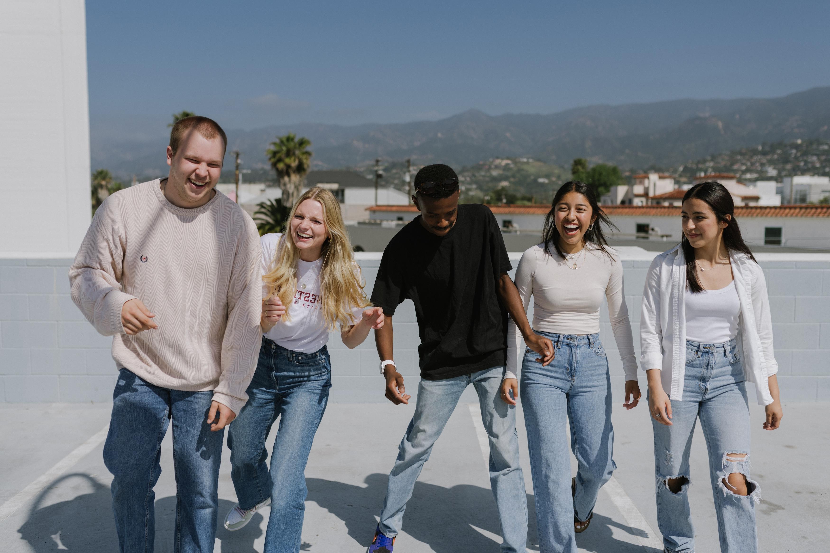 students walking and laughing